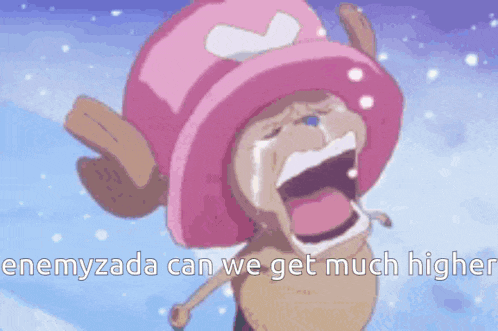 a cartoon character with a pink hat is crying with the words " enemyzada can we get much higher "
