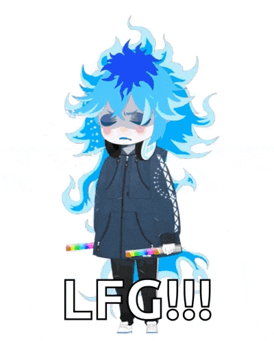 a cartoon character with a rainbow hair and the words lfg !!