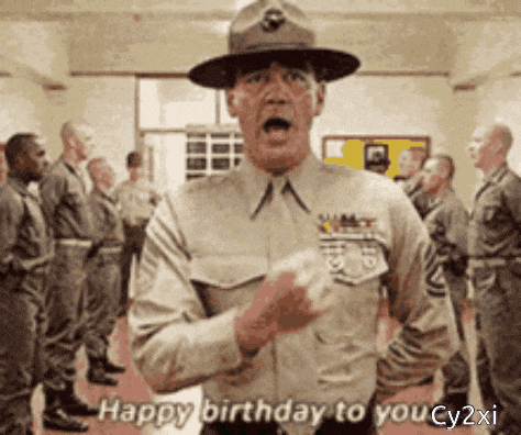 a man in a military uniform says " happy birthday to you cy2xi "