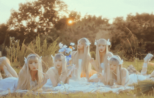 a group of blonde girls are laying in the grass with flowers in their hair