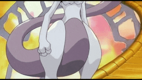 a cartoon character with a purple tail is standing in front of a yellow circle .