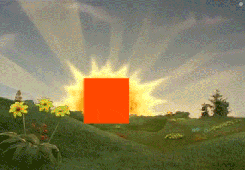a cartoon landscape with a red square in the middle of the sun