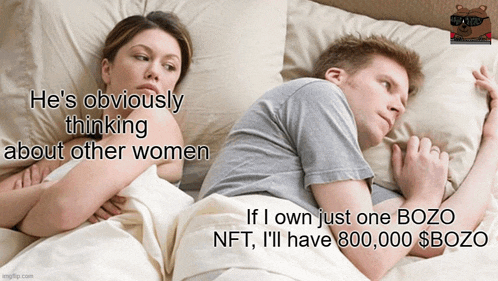 a man and a woman are laying on a bed with a caption that says " he 's obviously thinking about other women "