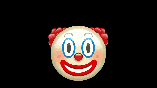 a clown smiley face with a red nose and blue eyes