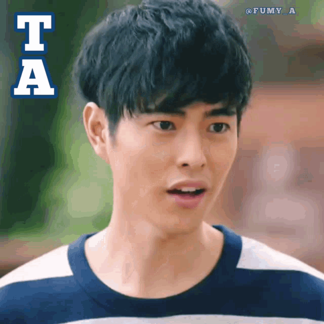 a young man with a surprised look on his face has the letter t a above his head