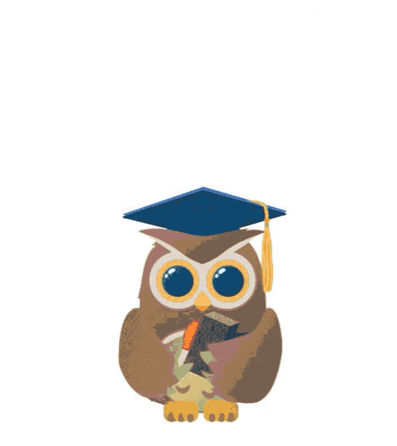 an owl wearing a graduation cap holds a book in its paws
