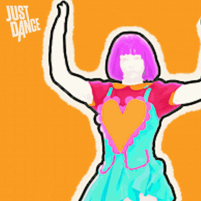 a cartoon drawing of a girl with purple hair and a heart on her shirt with just dance written on the bottom