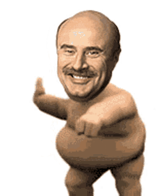 a naked man with a mustache is pointing at the camera with his finger .