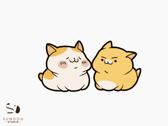 a cartoon of two cats laying next to each other with the sundog studio logo in the corner