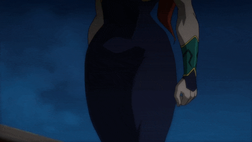a woman with red hair is wearing a black dress with green sleeves