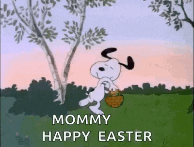 snoopy is holding a basket and dancing in a field .