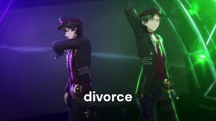 a couple of anime characters dancing on a stage with the word divorce written on the bottom