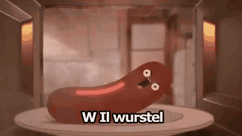 a cartoon hot dog is being cooked in a microwave oven with the words wil wurstel written above it