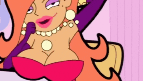 a cartoon drawing of a woman with a huge breast holding a microphone .