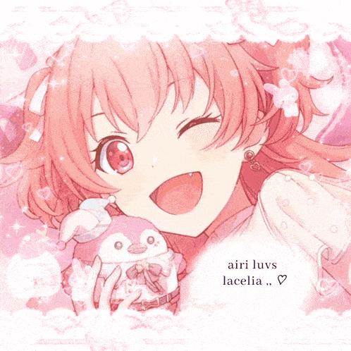 a picture of a girl with pink hair and the words " airi luvs lacelia " on the bottom