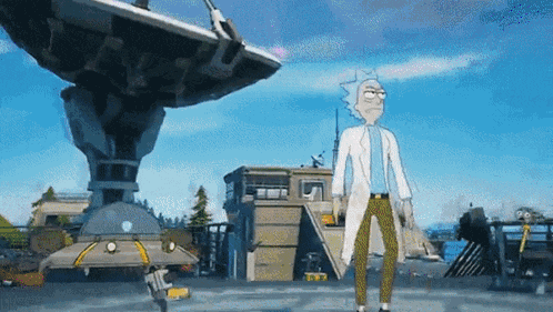 rick and morty is standing in front of a large satellite dish .