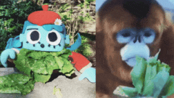 a stuffed animal wearing a santa hat is next to a stuffed animal eating a plant