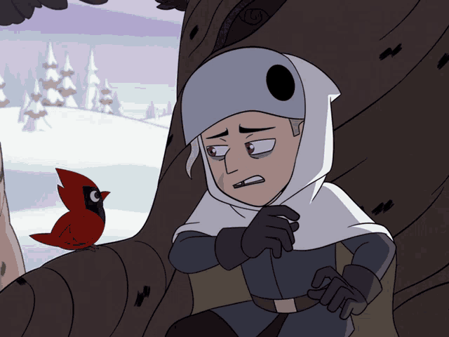a cartoon drawing of a man with a hood and a red bird sitting next to him