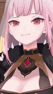 a girl with pink hair and red eyes is smiling