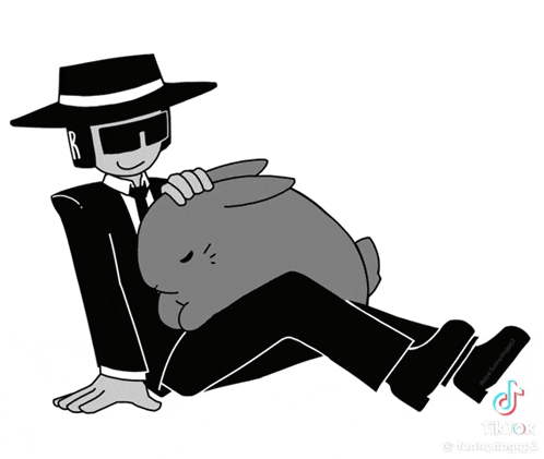a black and white drawing of a man in a suit and hat holding a stuffed rabbit .
