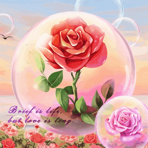a painting of a red rose in a bubble with the words " brief is life but love is long "