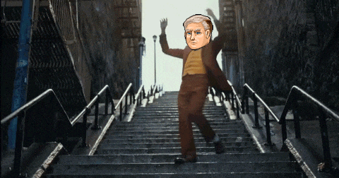 a cartoon of a man in a suit walking up a set of stairs