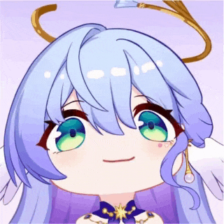 a cartoon angel with blue hair and green eyes is smiling .