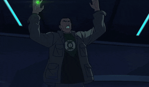 a man in a green lantern suit is holding a green light .