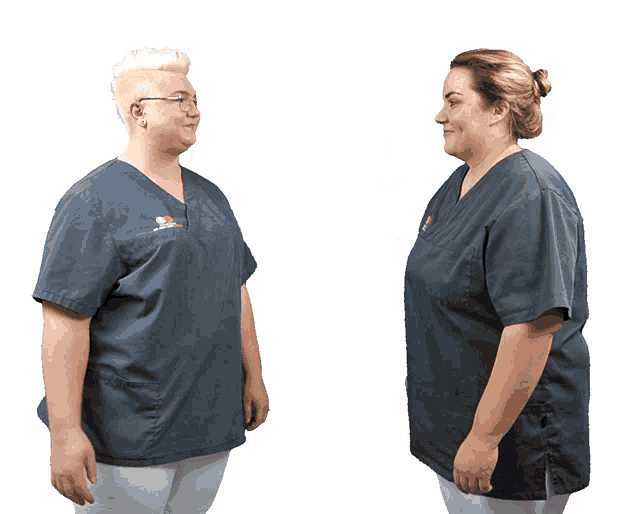two women standing next to each other with one wearing a scrub top that says ' dental ' on the front