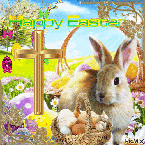 a picture of an easter bunny with eggs in a basket and a cross