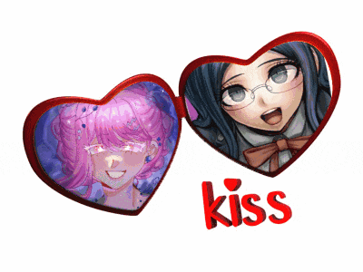 a picture of two anime girls with the word kiss in red