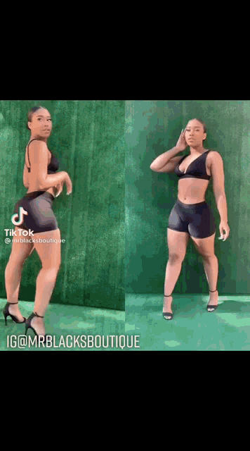 a woman is standing in front of a green wall wearing shorts and heels .