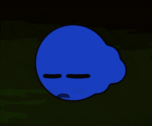 a cartoon drawing of a blue blob with two black lines on it 's face