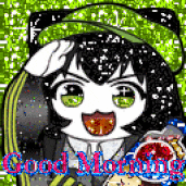a cartoon character with green eyes is holding a grapefruit and says good morning .