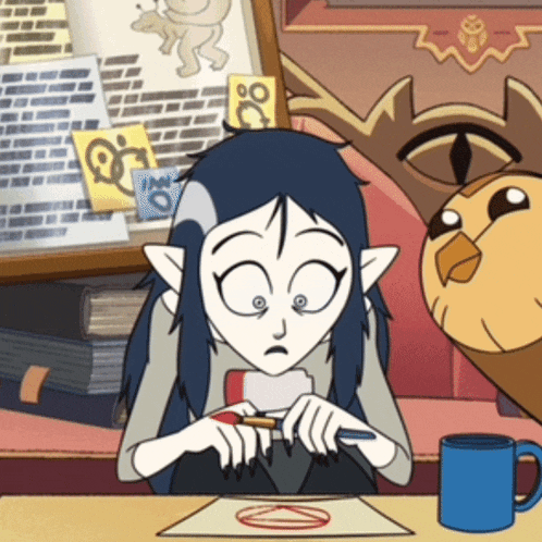 a cartoon girl is sitting at a table with an owl