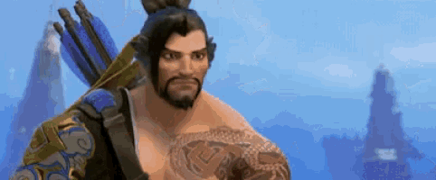 a man with a beard and a tattoo on his arm is holding a bow and arrow in a video game .