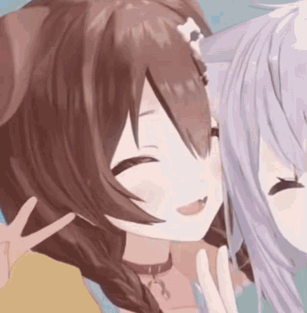 a couple of anime girls are standing next to each other and making peace signs .