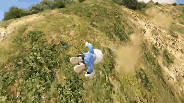 a cartoon character is flying through the air on a hill