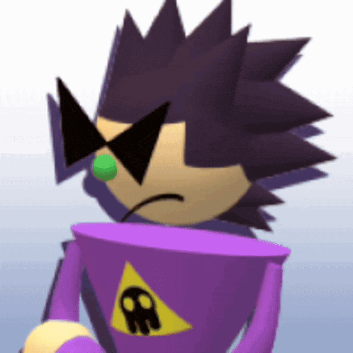 a cartoon character wearing sunglasses and a purple shirt with a yellow triangle with a skull on it