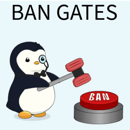 a penguin is holding a hammer in front of a red button that says ban