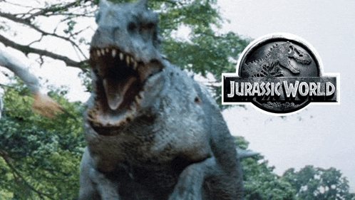 a jurassic world logo with a dinosaur in the foreground