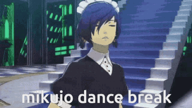 a man in a maid outfit is standing in front of a set of stairs .