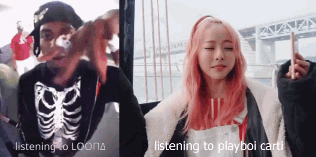 a man with a skeleton shirt and a woman with pink hair are listening to playboi carti