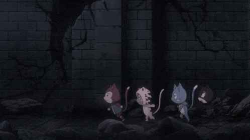 a group of cartoon cats walking in a dark room