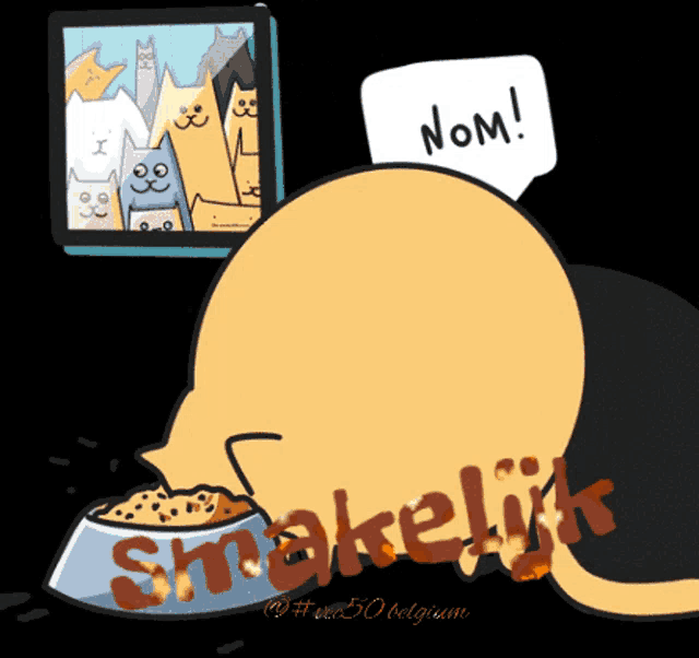 a cartoon of a cat with a bowl of food that says ' smakelijk ' on it