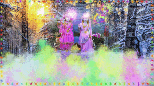 a colorful painting of two women in pink dresses
