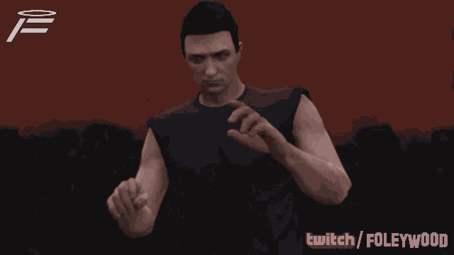 a man in a black shirt is dancing in front of a red background with the words twitch / foleywood on the bottom