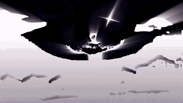 a black and white painting of a landscape with a star in the sky