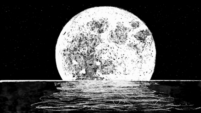 a black and white drawing of a full moon rising over the ocean