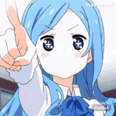 a girl with blue hair is giving a thumbs up .